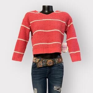 Cropped Chunky Knit Sweater Girls sz XL 14/16 3/4 Sleeve Womens XS S Coral White